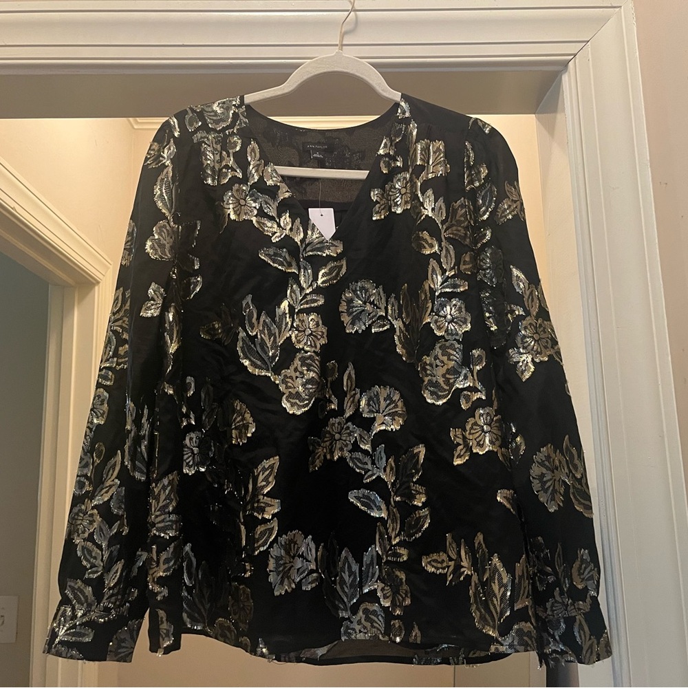 Floral Brocade  Black and Gold Long Sleeve Blouse